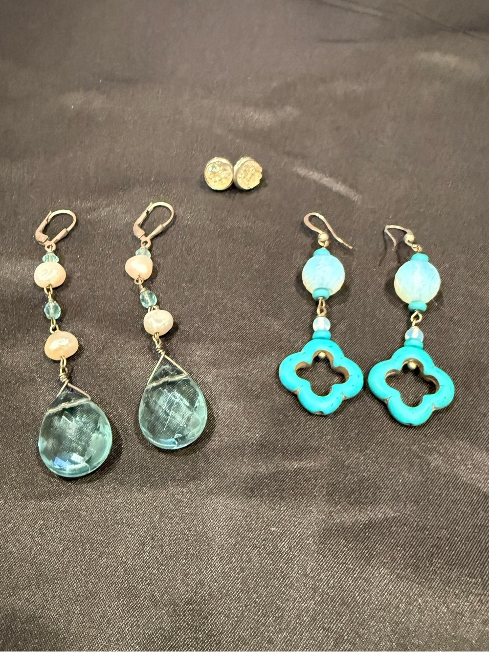 3 Pairs Earrings Druzy Quartz Studs + Blue Topaz Crystal Drops +Turquoise Clover - Picture 4 of 13